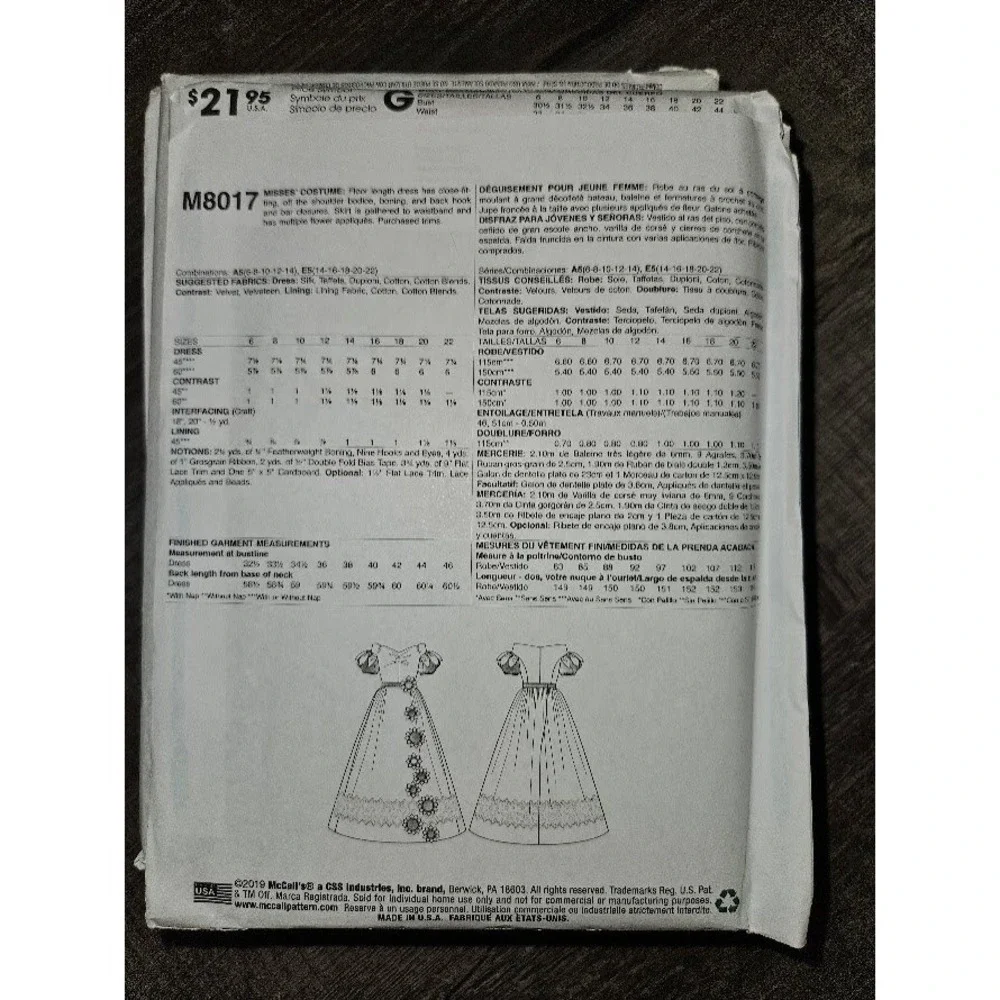 McCalls M8017 Misses Costume Sewing Pattern Off Shoulder Dress Uncut Size 6-14